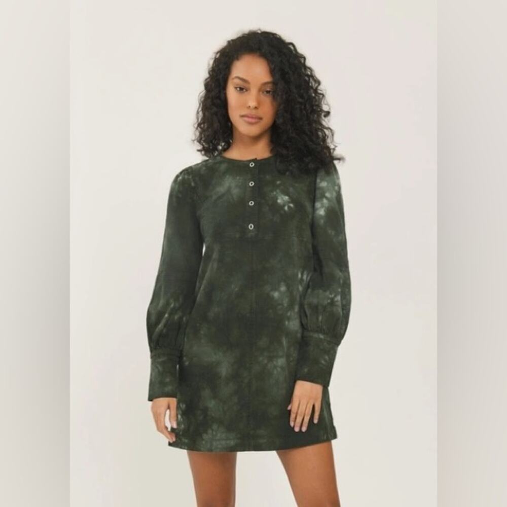 Something Navy Edie Long Balloon Sleeve Mini Dress NWOT Size S‎ Army Green Tie